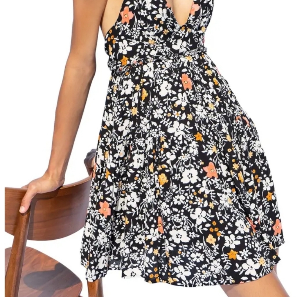 Free People Black Floral Mini Dress with White, Peach, and Mustard Flowers